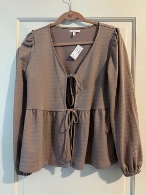 Maurice Taupe Tie-Front Peplum Top
